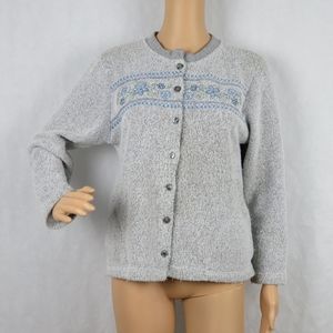 Vintage Style Floral Button Up Cardigan Jacket Grandma Flower Cottagecore Gray